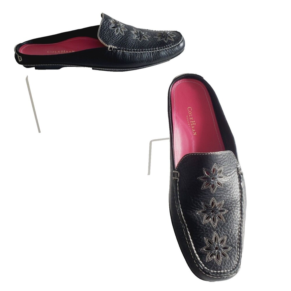 Vintage Cole Haan Aston Mule Women’s 7.5 Black Leather Floral Driving Slip On